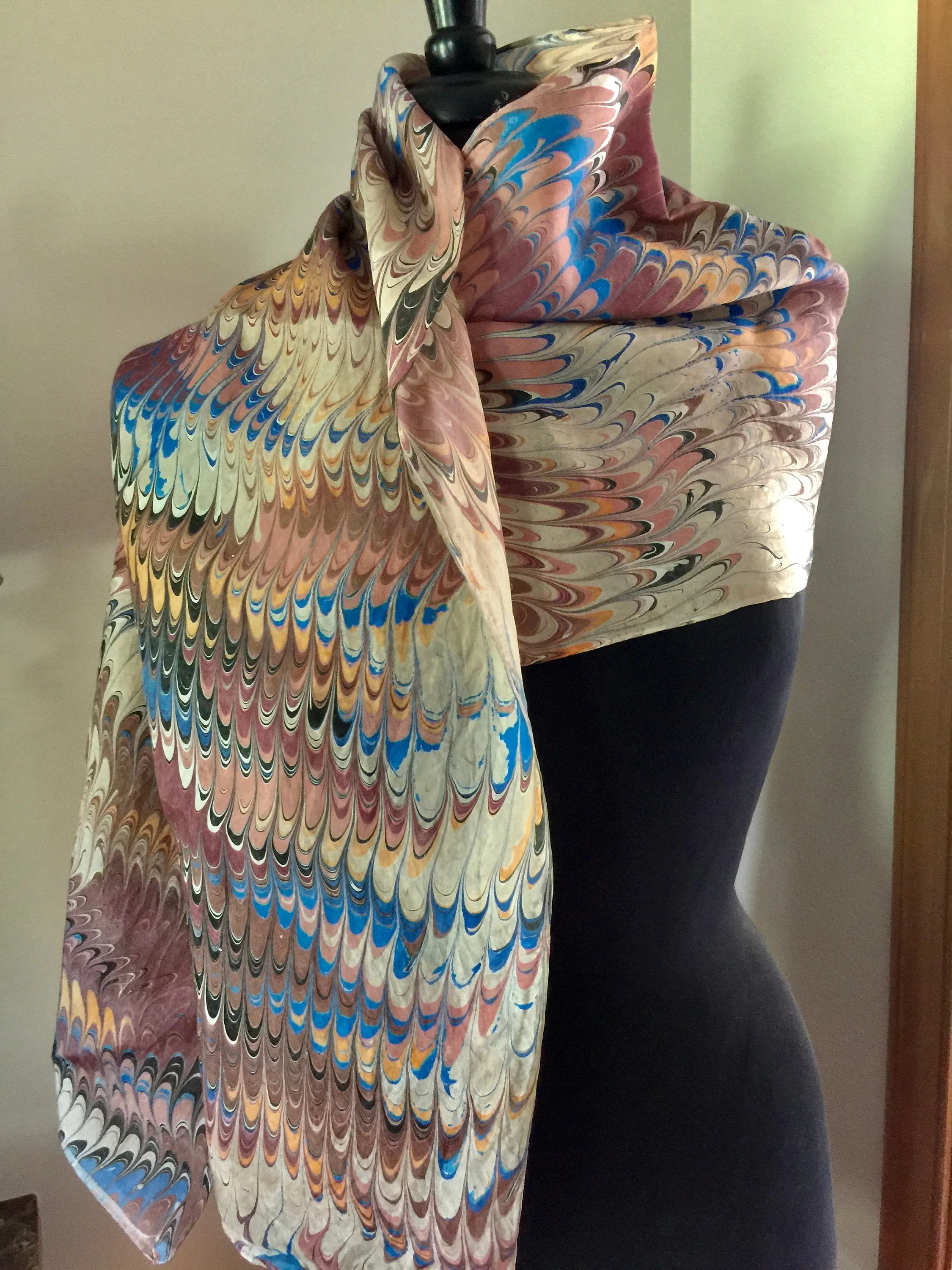 Vintage blue brown beige combed pattern  Habotai Silk