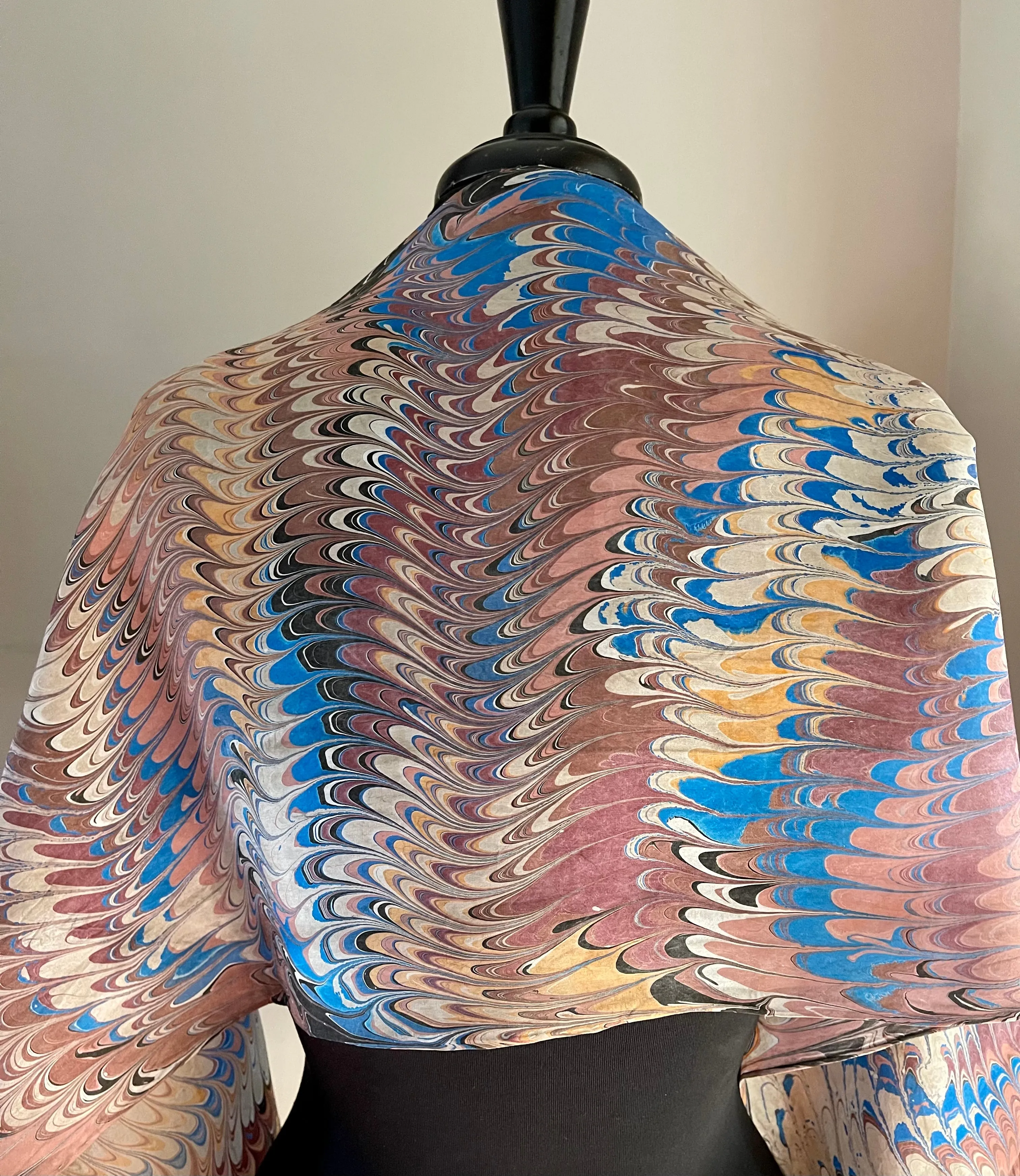 Vintage blue brown beige combed pattern  Habotai Silk