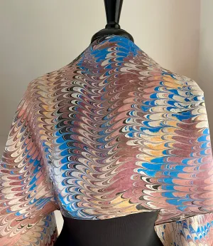 Vintage blue brown beige combed pattern  Habotai Silk
