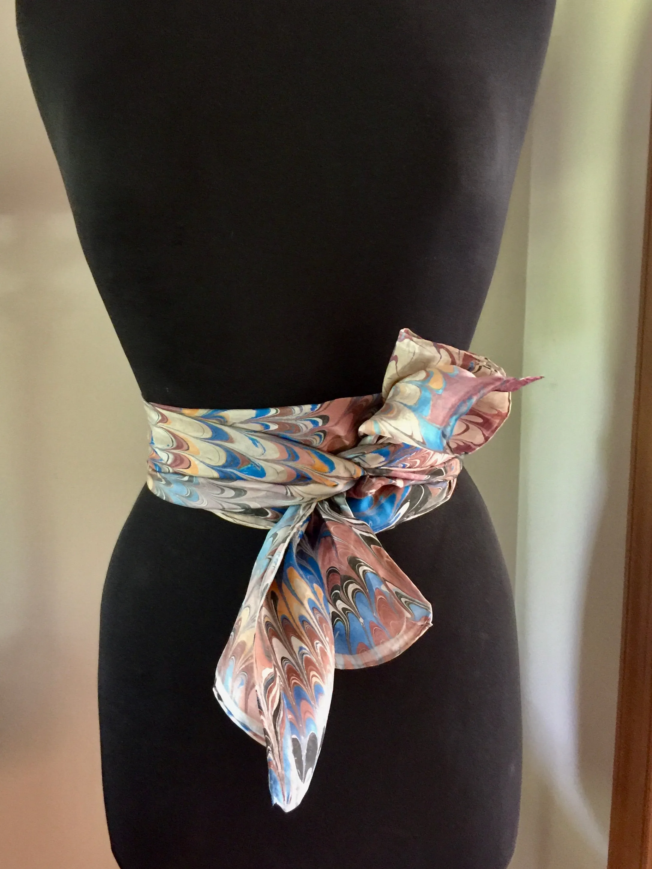 Vintage blue brown beige combed pattern  Habotai Silk