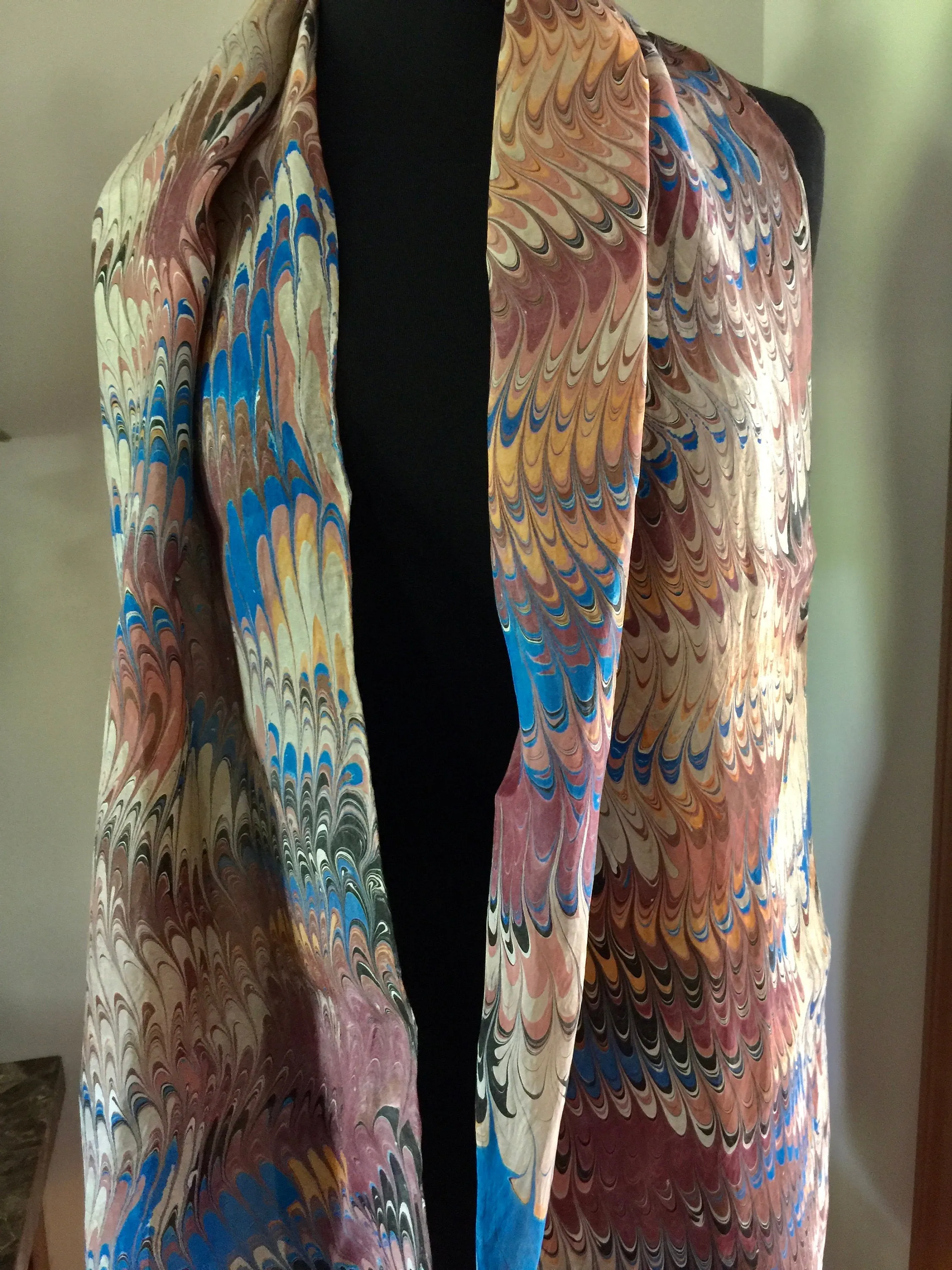 Vintage blue brown beige combed pattern  Habotai Silk