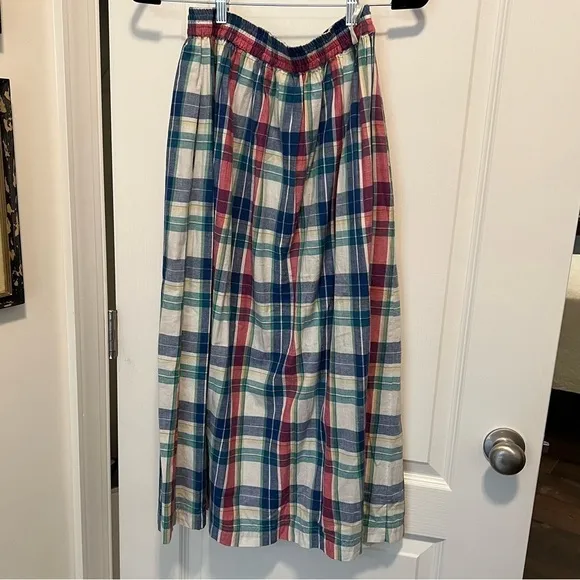 Vintage blue pink white turquoise pull on plaid skirt buttons all the way down