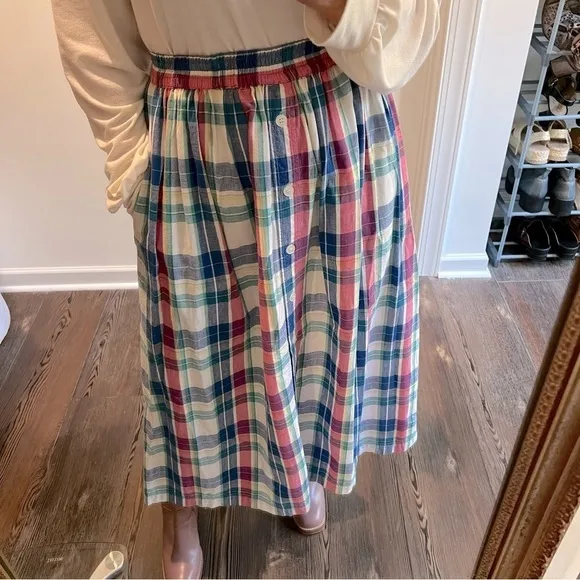 Vintage blue pink white turquoise pull on plaid skirt buttons all the way down