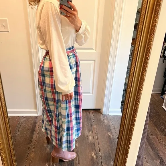 Vintage blue pink white turquoise pull on plaid skirt buttons all the way down