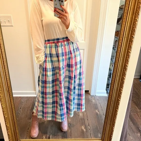 Vintage blue pink white turquoise pull on plaid skirt buttons all the way down