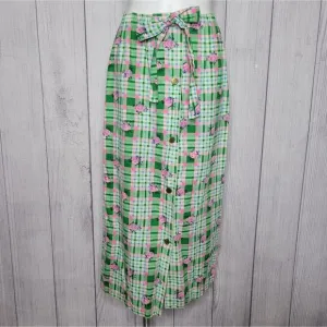Vintage Bright Green/Pink Plaid Button Front Maxi Skirt with Waist Tie