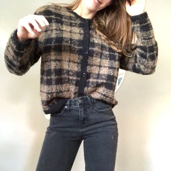 Vintage Brown black windowpane plaid cardigan
