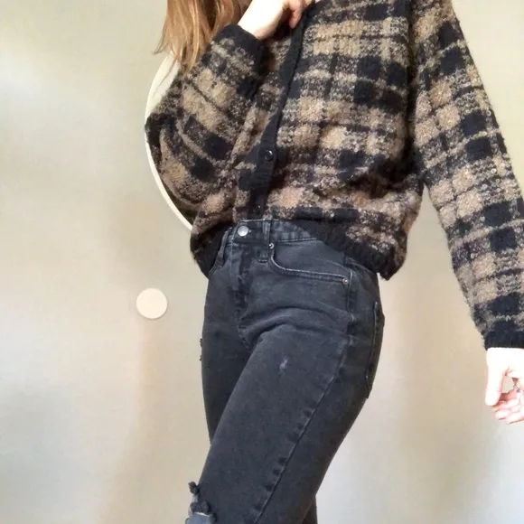 Vintage Brown black windowpane plaid cardigan