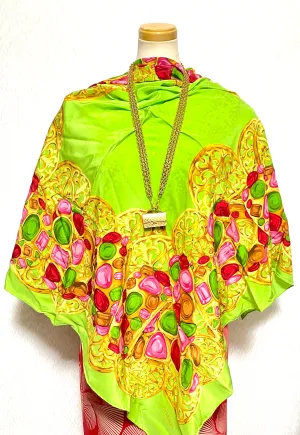 Vintage Chanel lime green scarf with gold, red, pink, green, colorful gripoix jewelry print. Large silk scarf. Gorgeous wrapping.050131ya1