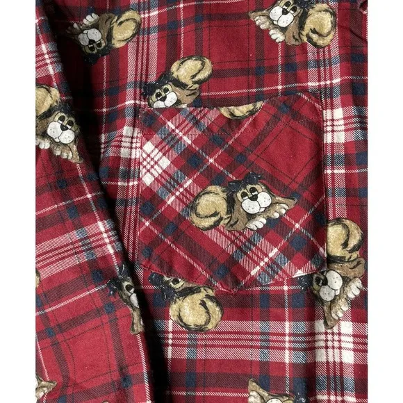 Vintage Kathy Ireland Intimates Red Plaid Dog Print Cotton Sleep Shirt Nightie