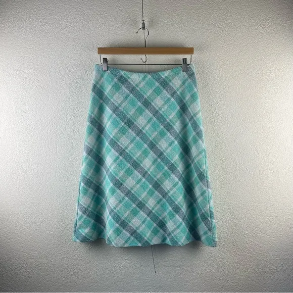 Vintage l 60s M Aqua Plaid Nubby Polyester Knit A-Line Mod Twiggy Scooter Skirt