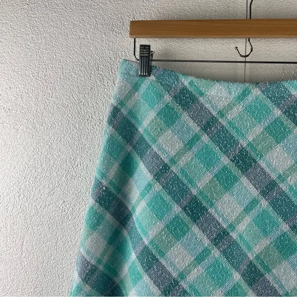 Vintage l 60s M Aqua Plaid Nubby Polyester Knit A-Line Mod Twiggy Scooter Skirt