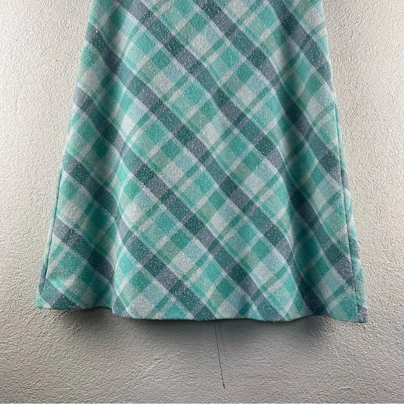 Vintage l 60s M Aqua Plaid Nubby Polyester Knit A-Line Mod Twiggy Scooter Skirt