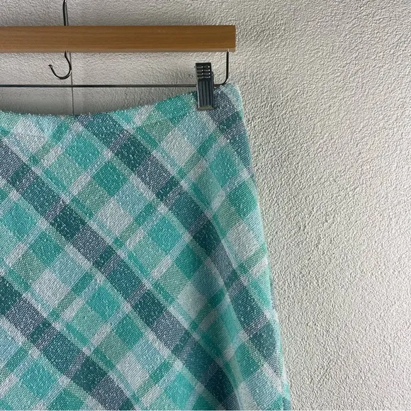 Vintage l 60s M Aqua Plaid Nubby Polyester Knit A-Line Mod Twiggy Scooter Skirt