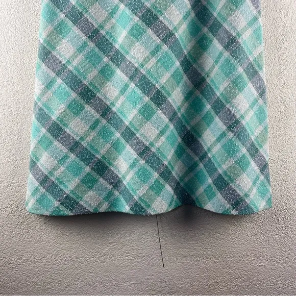 Vintage l 60s M Aqua Plaid Nubby Polyester Knit A-Line Mod Twiggy Scooter Skirt