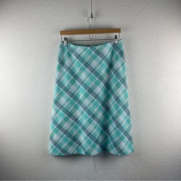 Vintage l 60s M Aqua Plaid Nubby Polyester Knit A-Line Mod Twiggy Scooter Skirt