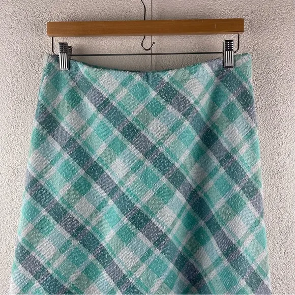 Vintage l 60s M Aqua Plaid Nubby Polyester Knit A-Line Mod Twiggy Scooter Skirt