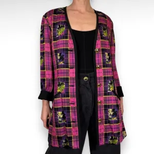 Vintage Plaid Blazer Cardigan Pink Purple Black Academia Maximalist Size Medium