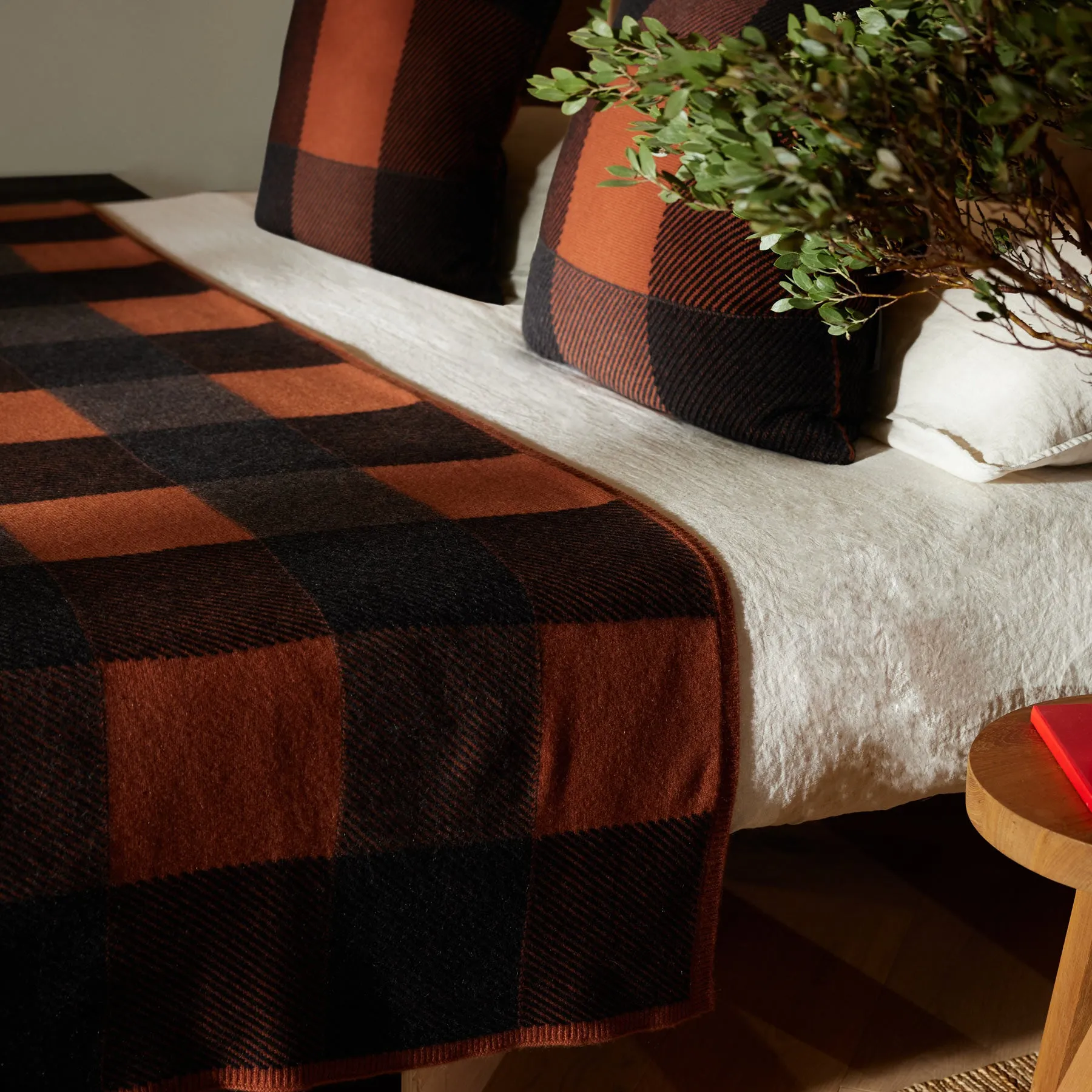 Vintage Plaid Cashmere Home Gift Set - Burnt Orange/ Charcoal/ Black