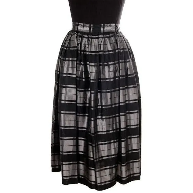 Vintage Skirt Black & Silver Metallic  Plaid Full 1940s Medium