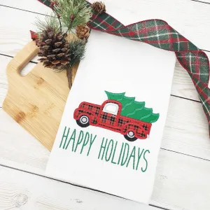 Vintage Truck Kitchen Towel - Red Christmas Tea Towel - Farmhouse Decor