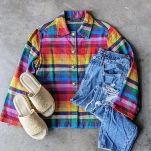 Vintage Willow Ridge Rainbow Colorful Plaid Button Front Shirt Jacket small