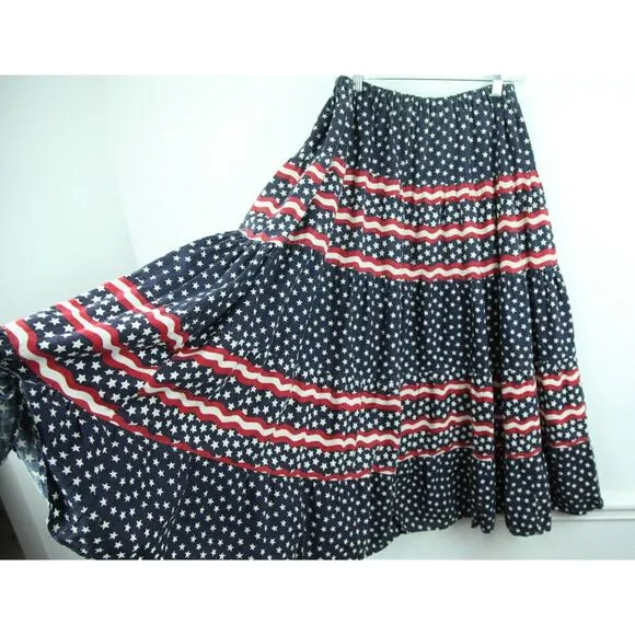 Vintage Women's Large Top Patriotic Western Tiered Midi Skirt Boho 90s Cowgirl