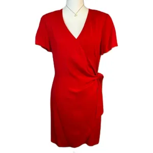 Vintage Wrap Dress Size M 100% Silk Knee Length Short Slv Red Valentine Date