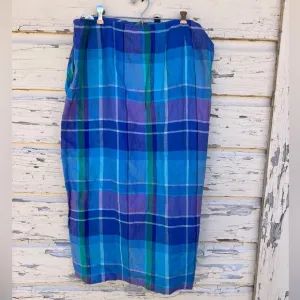 Vintage Y2K Lauren Ralph Lauren 100% Linen Sarong Blue Plaid Wrap Maxi Skirt 16