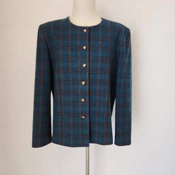 Vintage'90s Pendleton 100% Wool Atomic Fleck Jacket Button Blue Green Plaid