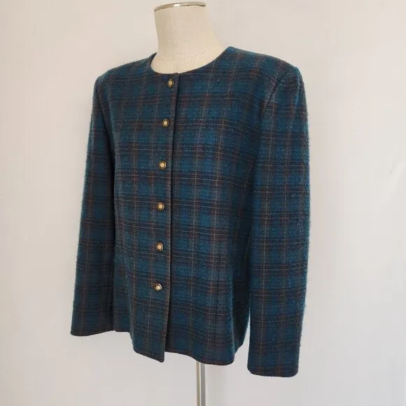 Vintage'90s Pendleton 100% Wool Atomic Fleck Jacket Button Blue Green Plaid