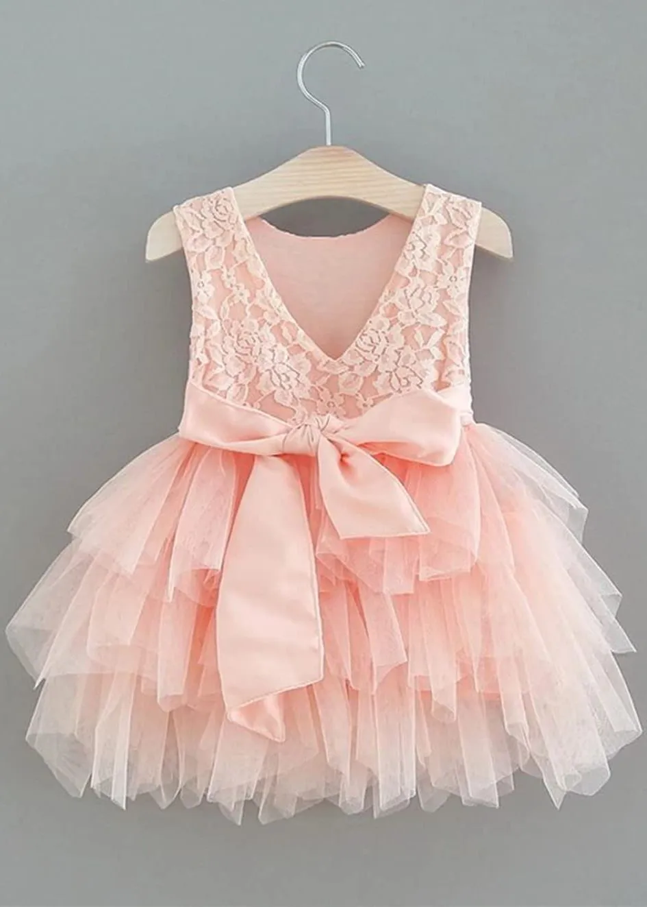 Violet Lace Silk Bow Boho Tiered Tulle Girl Dress in Pink