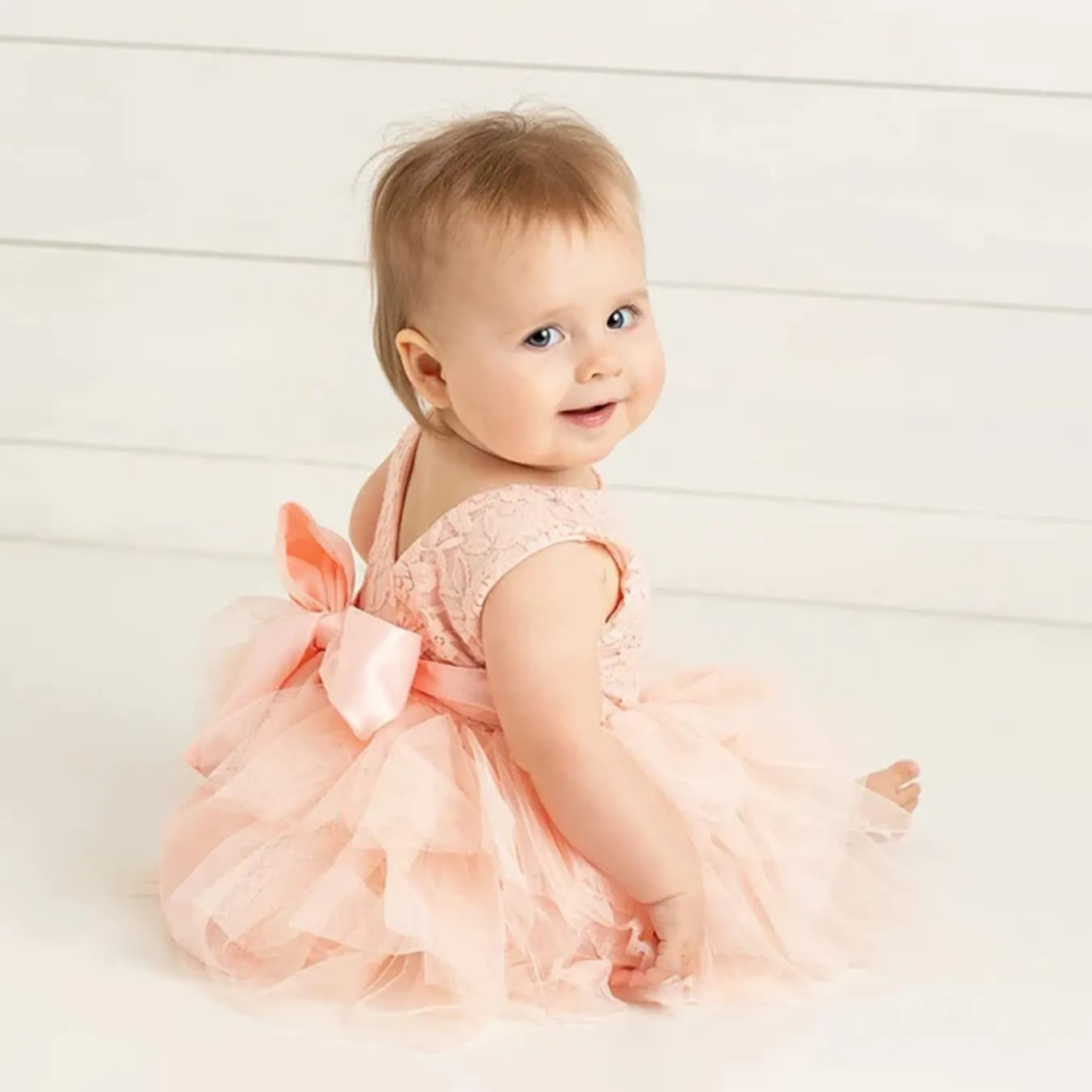 Violet Lace Silk Bow Boho Tiered Tulle Girl Dress in Pink