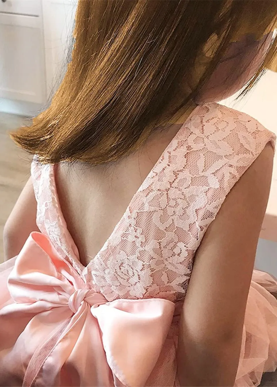 Violet Lace Silk Bow Boho Tiered Tulle Girl Dress in Pink