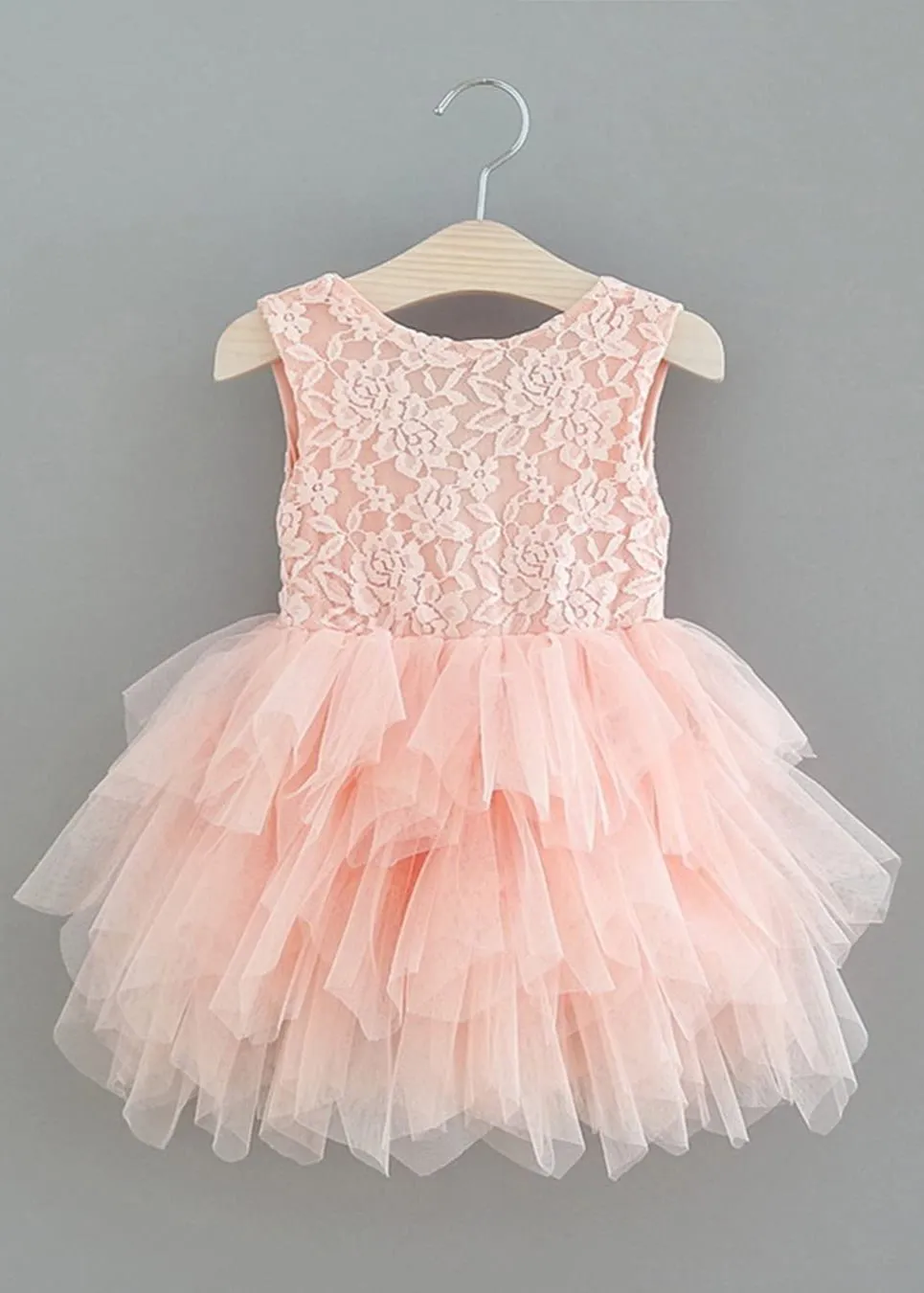 Violet Lace Silk Bow Boho Tiered Tulle Girl Dress in Pink