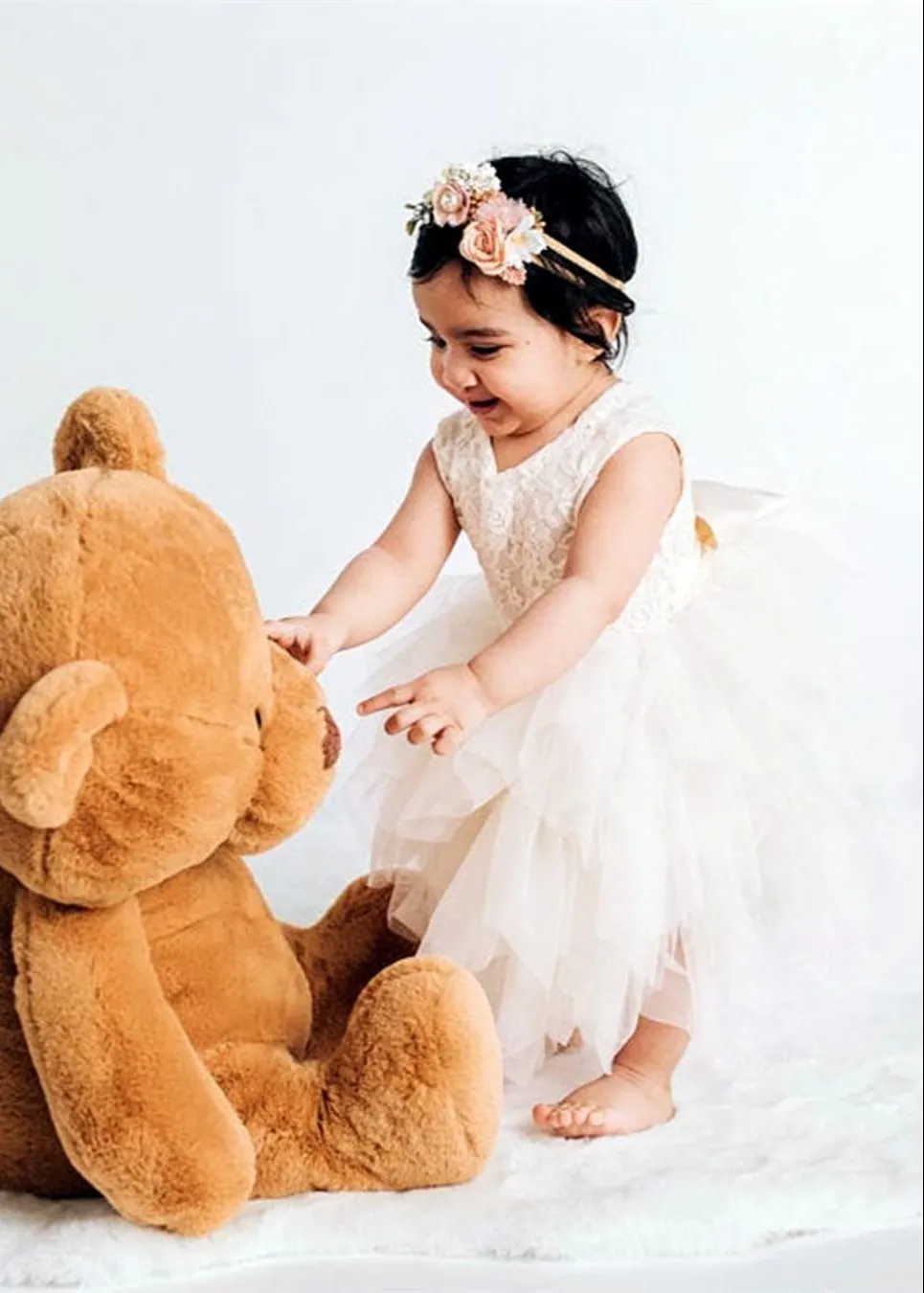 Violet Lace Silk Bow Boho Tiered Tulle Girl Dress in White