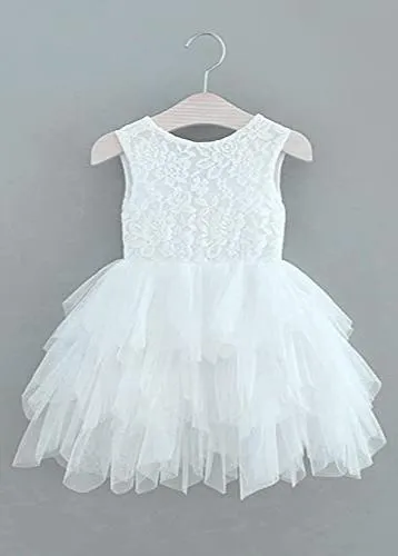 Violet Lace Silk Bow Boho Tiered Tulle Girl Dress in White