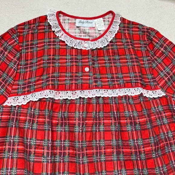 VTG 80s Red Plaid Cotton Flannel Lady Ronte Maxi Night Gown XL