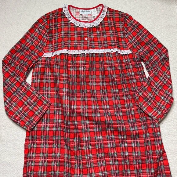 VTG 80s Red Plaid Cotton Flannel Lady Ronte Maxi Night Gown XL