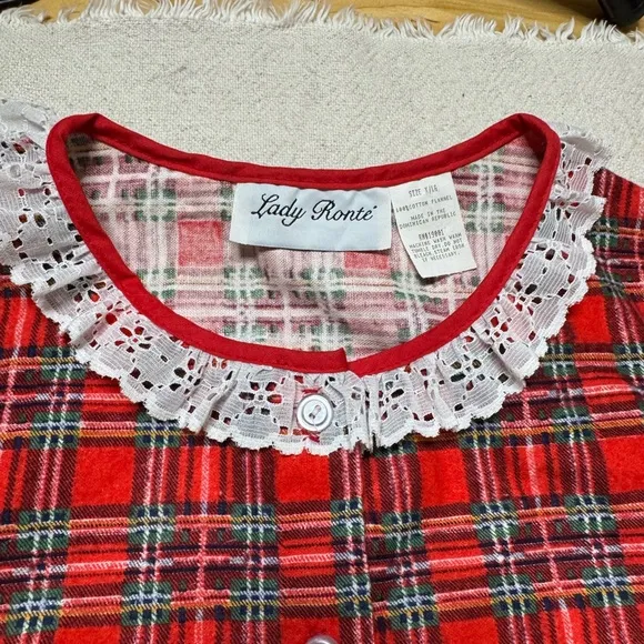 VTG 80s Red Plaid Cotton Flannel Lady Ronte Maxi Night Gown XL