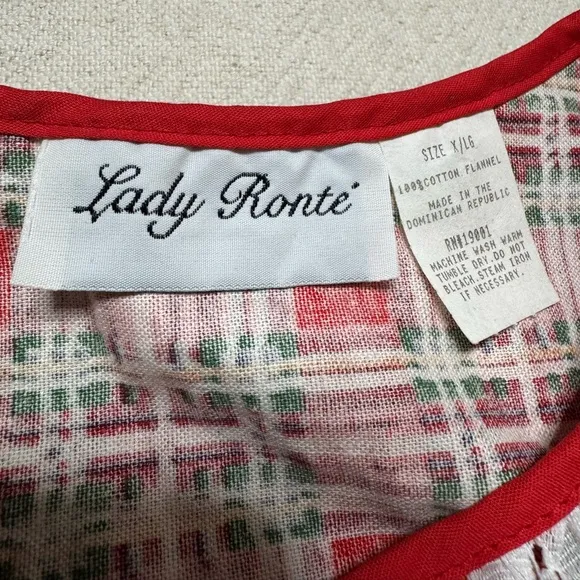 VTG 80s Red Plaid Cotton Flannel Lady Ronte Maxi Night Gown XL