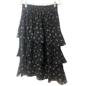 Walter Baker Midi Ruffle Tiered Skirt Boho Western Black Floral SZ M  EUC