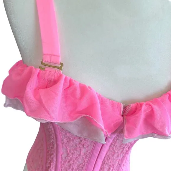 We Are HAH Corset Seams Like a Princess Medium Barbie Pink Lace Ruffle Lace Up