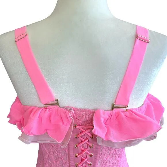 We Are HAH Corset Seams Like a Princess Medium Barbie Pink Lace Ruffle Lace Up