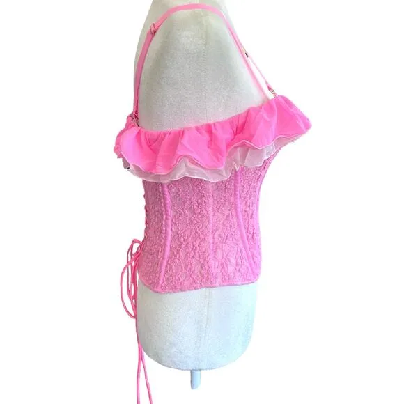 We Are HAH Corset Seams Like a Princess Medium Barbie Pink Lace Ruffle Lace Up