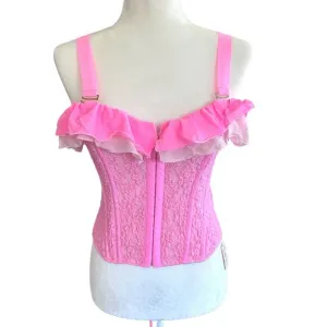 We Are HAH Corset Seams Like a Princess Medium Barbie Pink Lace Ruffle Lace Up