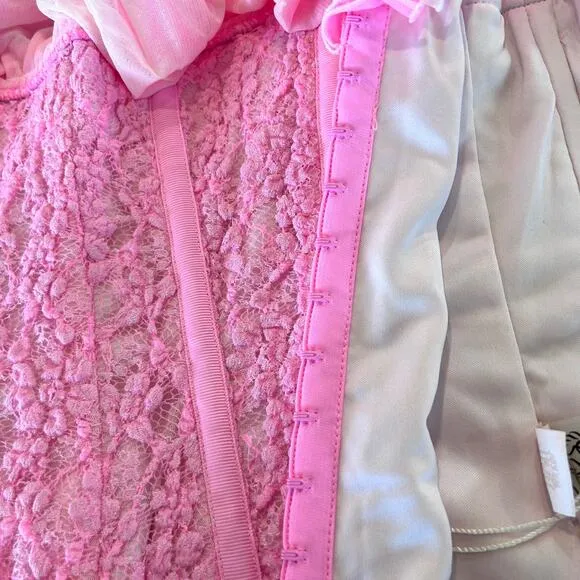 We Are HAH Corset Seams Like a Princess Medium Barbie Pink Lace Ruffle Lace Up