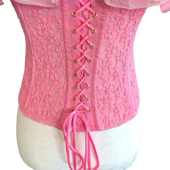 We Are HAH Corset Seams Like a Princess Medium Barbie Pink Lace Ruffle Lace Up