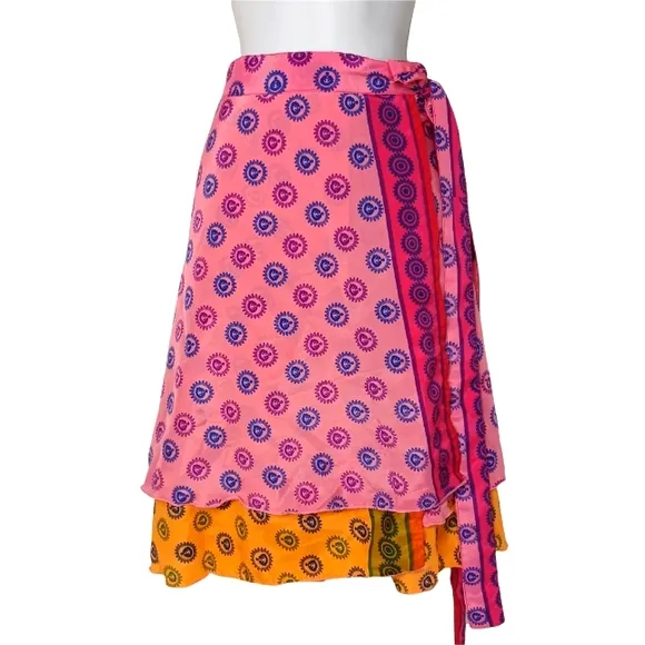 WEBEZ Indian Reversible Sari Art Silk Multi Color Wrap Small Skirt NWT