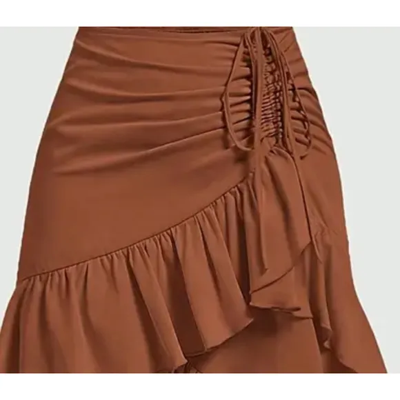 Western Bohemian rodeo Skirt ruched drawstring rodeo Hi-Lo Brown Terracotta